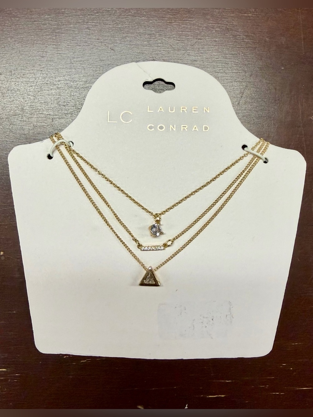 LC Lauren Conrad Gold Triple Layer Necklace with Crystal, Bar, & Triangle Charms